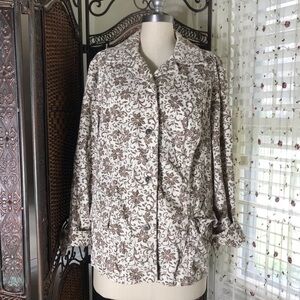 CJ Banks Cream Floral Button-Front Jean Jacket with Brown Print